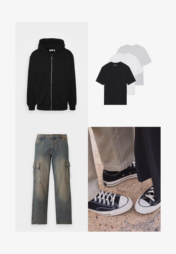 Sweatshirt preto com fecho éclair, capuz com cordão, bolsos frontais, punhos canelados e uma textura de tecido suave. Etiqueta de marca central visível no interior.; Conjunto de três t-shirts básicas em preto, branco e cinza claro. Mangas curtas, gola redonda, feito de tecido de algodão suave. Logótipo da marca visível.; Calças cargo de denim em azul desbotado, com um corte folgado, dois grandes bolsos laterais, costuras decorativas e um design de cintura clássico.; Sapatilhas pretas de lona com biqueiras e atacadores de borracha brancos. O contraste nas costuras e os ilhós de metal acrescentam detalhe. Usadas com calças bege e tecido preto.