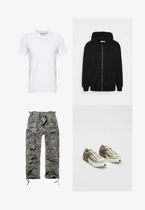Czarna bluza z zamkiem błyskawicznym, ze sznurkiem w kapturze, przednimi kieszeniami, ściągaczami na mankietach oraz gładką fakturą materiału. Wewnętrzna etykieta z logo znajduje się na środku.; Biała koszulka z krótkim rękawem wykonana z bawełny, z okrągłym dekoltem i prostym wzorem. Metka marki widoczna na obszarze dekoltu. Brak wzorów lub akcentów.; Spodnie cargo w kamuflażu w odcieniach zieleni i szarości, z wieloma kieszeniami, elastycznym paskiem w talii, regulowanymi mankietami przy kostkach oraz luźnym krojem.; Sneakers niskie wykonane z teksturowanych szarych i beżowych materiałów, z białymi gumowymi podeszwami, sznurowadłami oraz markowymi akcentami z boku.