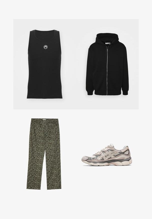 Must päheline must sportjack, millel on nööriga kapuuts, esi-taskud, soonikkoes varrukad ja sile kangastekstuur. Keskne brändimärgis on nähtav seest.; Must mustriba t-särk ümmarguse kaelusega ja valge ringikujulise logoga rinnal; omab vormitud disaini.; Leopardimustrilised püksid oliivirohelises värvitoonis, pehmest kangast, elastse vöökoha ja nööriga sulgemisega, et tagada kohandatav sobivus.; Heled hallikas spordijalats, millel on võrgust ja seemisnahast верх. Omab pehmet talla, väljendunud kihtide ja struktuurset disaini.