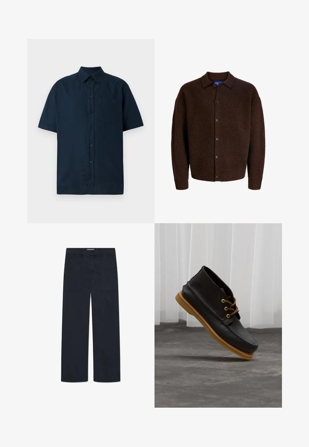 Gilet en tricot marron avec une surface texturée, fermeture par boutons et col évasé. Fabriqué dans un matériau doux semblable à la laine.; Chemise à manches courtes, à boutons, de couleur bleu marine foncé, en coton texturé, avec une poche poitrine unique et cinq boutons sur le devant.; DOUBLE A BY W.W. HEINO - Jean boyfriend - salute; Chaussures en cuir noir avec une finition lisse, bout rond, lacets marron et semelles en caoutchouc marron clair. Logo embossé sur le côté.