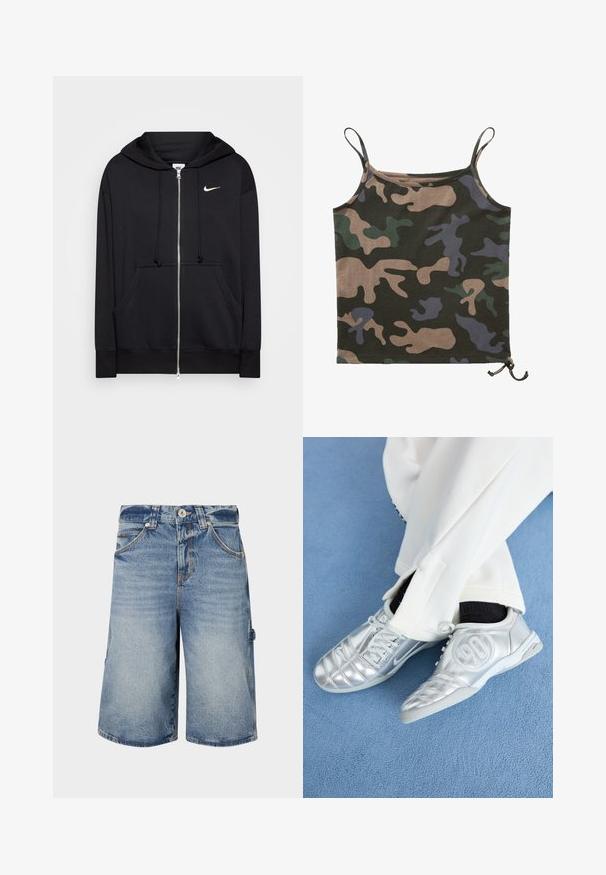 Juodas užtraukiamas džemperis, pagamintas iš švelnaus audinio, turintis gobtuvą, priekinės kišenes, megzti rankogaliai ir mažas baltas Nike logotipas ant krūtinės.; Brandit Viršus - darkcamo; Šviesiai mėlyni džinsiniai šortai su atsipalaidavusiu kirpimu. Atidarymo detalės - mygtukas, diržo kilpos ir kelios kišenės su matomais siūlais.; Sidabriniai sportiniai batai su lygiu, blizgiu paviršiumi, turintys siuvinėtą dizainą ir numerį 90 šone, derinami su baltais kelnėmis.