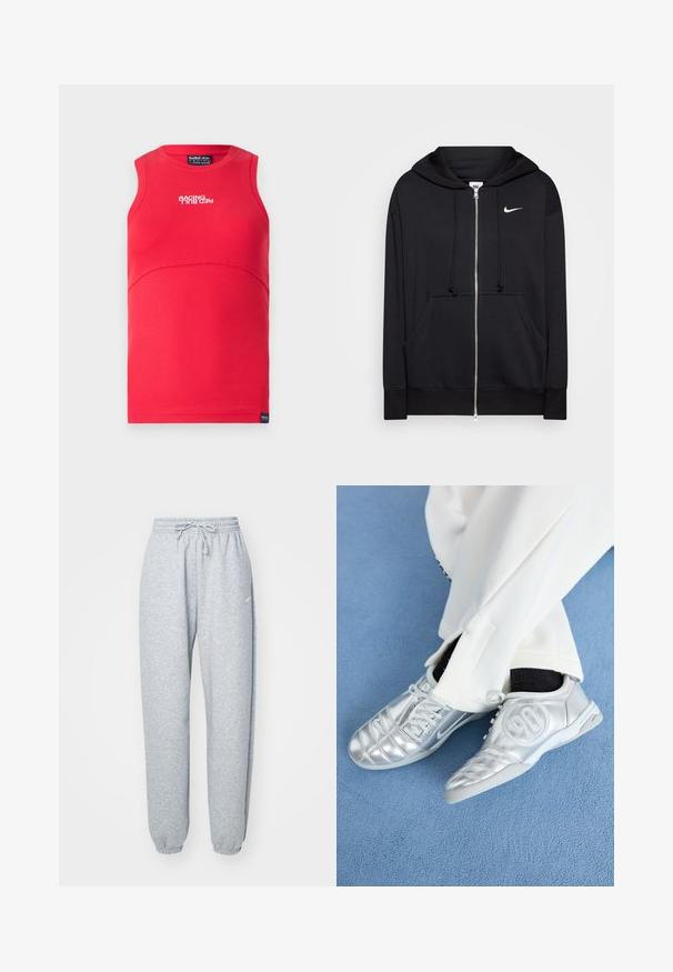 Hanorac negru cu fermoar, confecționat dintr-un material moale, dotat cu glugă, buzunare frontale, manșete ribbate și un logo alb mic de la Nike pe piept.; Top roșu fără mâneci, cu o textură pătată. Prezintă o cusătură curbată, un gât rotund și textul alb "RACING" pe față.; Pantaloni de trening gri deschis, confecționați dintr-un amestec moale de bumbac, cu talie elastică și șnur, picioare conice și manșete ribbed. Detaliu de branding minim.; Pantofi sport argintii cu un finisaj neted și lucios, având un design cusut și cifra 90 pe lateral, asortați cu pantaloni albi.