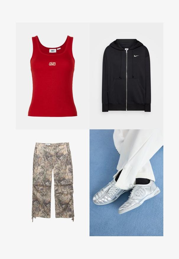Černá mikina na zip vyrobená z měkké tkaniny, s kapucí, předními kapsami, žebrovanými manžetami a malým bílým logem Nike na hrudi.; Červený žebrovaný top bez rukávů s kulatým výstřihem a širokými ramínky, s vyšitým logem "OBEY" v bílé barvě na přední části.; Kalhoty s kamuflážním vzorem z lehkého materiálu, s elastickým pasem, bočními kapsami a nastavitelnými šňůrkami u kotníků.; Stříbrné sportovní boty s hladkým, lesklým povrchem, se šitým designem a číslem 90 na boku, spárované s bílými kalhotami.