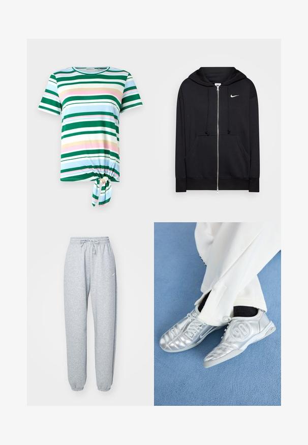 Melnā kapuces džemperis ar rāvējslēdzēju, izgatavots no mīkstas auduma, ar kapuci, priekšējiem kabatām, ribotām aprocēm un mazu baltu Nike logotipu uz krūtīm.; Zaļš un zils svītrains T-krekls ar īsām piedurknēm, apaļu kakla izgriezumu un mezglu detaļu apakšmalā. Izgatavots no mīksta auduma.; Gai pelēki sporta bikses, izgatavotas no mīksta kokvilnas maisījuma, ar elastīgu jostasvietu un auklu, sašaurinātām kājām un ribotām piedurknēm. Minimāls zīmola akcenti.; Sudraba sporta apavi ar gludu, spīdīgu apdari, ar šūtu dizainu un numuru 90 sānos, apvienoti ar baltām biksēm.