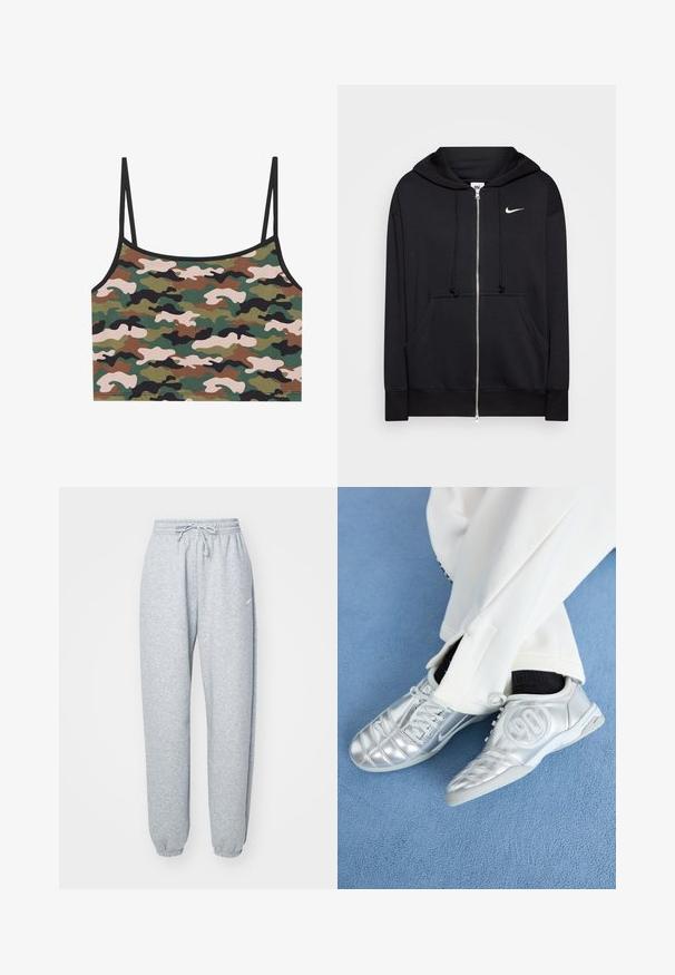 Svart hettejakke med glidelås laget av mykt stoff, med hette, frontlommer, ribbestrikkede mansjetter og en liten hvit Nike-logo på brystet.; Kamerafarge crop topp med grønne, brune og rosa mønstre. Laget av myk stoff med tynne justerbare stropper og svart kant.; Lys grå joggebukser laget av myk bomullsblanding, med elastisk liv med snor, avsmalnende ben og ribbede mansjetter. Minimal merkevaredetalj.; Sølv atletikksko med en glatt, skinnende overflate, med et sydd design og tallet 90 på siden, kombinert med hvite bukser.