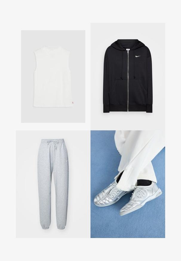 Zwarte rits hoodie van zacht materiaal, voorzien van een capuchon, zakken aan de voorkant, geribde manchetten en een klein wit Nike-logo op de borst.; Witte mouwloze top met een hoge halslijn, gemaakt van zacht materiaal, met een rechte zoom en een klein rood logo-label aan de zijkant.; Lichtgrijze sweatpants gemaakt van een zachte katoenen mix, met een elastische tailleband met koord, taps toelopende benen en ribgebreide boorden. Minimale merkdetails.; Zilveren sportschoenen met een gladde, glanzende afwerking, voorzien van een gestikt ontwerp en het nummer 90 aan de zijkant, gecombineerd met witte broek.