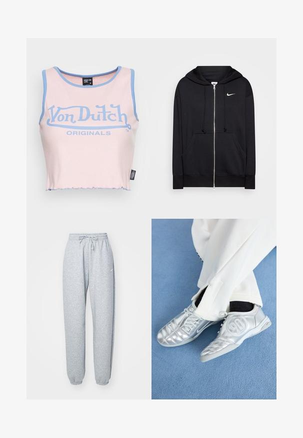 Juodas užtraukiamas džemperis, pagamintas iš švelnaus audinio, turintis gobtuvą, priekinės kišenes, megzti rankogaliai ir mažas baltas Nike logotipas ant krūtinės.; Rožinė raukinėta trumpa palaidinė su šviesiai mėlynu apvadu ir dideliu mėlynu "Von Dutch" logo. Turi neapipjaustytą apatinį kraštą ir etikėtę šone.; Šviesiai pilki džinsai, pagaminti iš minkštos medvilnės mišinio, su elastingu juosmeniu ir stringais, siaurėjančiomis kojomis ir apykaklėmis. Minimalus prekės ženklo detalizavimas.; Sidabriniai sportiniai batai su lygiu, blizgiu paviršiumi, turintys siuvinėtą dizainą ir numerį 90 šone, derinami su baltais kelnėmis.