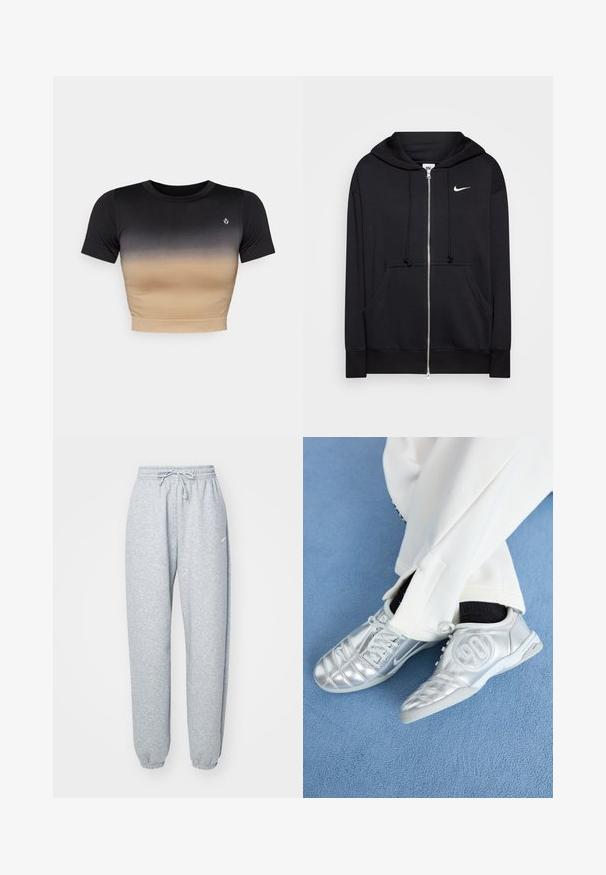 Juodas užtraukiamas džemperis, pagamintas iš švelnaus audinio, turintis gobtuvą, priekinės kišenes, megzti rankogaliai ir mažas baltas Nike logotipas ant krūtinės.; Trumpas rankovės aukštas marškinėliai su juodos ir kreminės spalvos gradientu. Lygi tekstūra, apvalus iškirpimas ir subtilus logotipas ant krūtinės.; Šviesiai pilki džinsai, pagaminti iš minkštos medvilnės mišinio, su elastingu juosmeniu ir stringais, siaurėjančiomis kojomis ir apykaklėmis. Minimalus prekės ženklo detalizavimas.; Sidabriniai sportiniai batai su lygiu, blizgiu paviršiumi, turintys siuvinėtą dizainą ir numerį 90 šone, derinami su baltais kelnėmis.