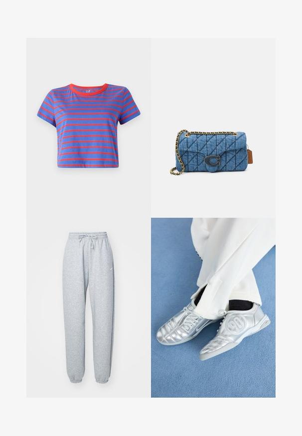 Musta vetoketjullinen huppari, joka on valmistettu pehmeästä kankaasta. Siinä on huppu, etutaskut, ribattuja hihansuita sekä pieni valkoinen Nike-logo rinnassa.; Lyhythihainen cropped-t-paita, jossa on sinisiä ja punaisia vaakaviivoja. Paita on varustettu pyöreällä punaisella kaula-aukolla ja se on valmistettu pehmeästä puuvillamateriaalista.; Valkoiset harmaat collegehousut, jotka on valmistettu pehmeästä puuvillasekoitteesta. Niissä on joustava vyötärö narutakilla, kapenevat lahkeet ja ribbireunat. Vähäistä brändäystä.; Hopeiset urheilukengät sileällä, kiiltävällä pinnalla, joissa on ommeltu kuvio ja numero 90 sivussa, yhdistettynä valkoisiin housuihin.; Sinine vatitatud teksakott õlal, millel on kuldne ahel rihm ja silmapaistev kuldne logo esiosas. Kompaktne ristkülikukujuline vorm.