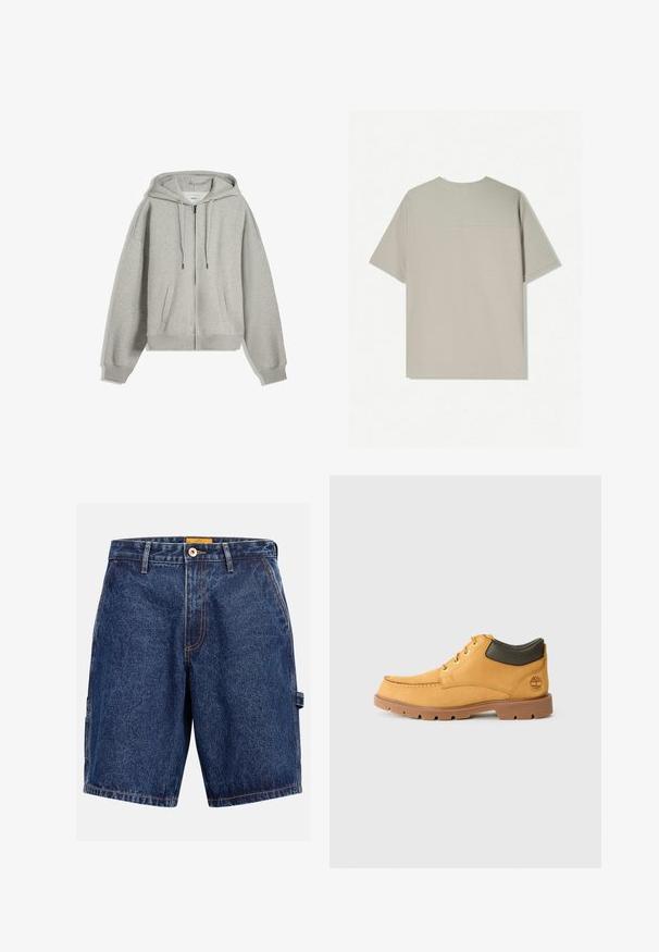 Harmaa vetoketjullinen huppari, joka on valmistettu pehmeästä puuvillasekoitteesta. Sisältää suuren hupun, kiristysnyörit ja sivutaskut. Rentoa mitoitusta ja ribbireunat.; Beige puuvillane t-särk lühikeste varrukatega. Omab lihtsat disaini ja ümmargust kaelust. Sile tekstuur, tagaküljel minimaalne õmblus.; Tummansinisiä farkkushortsit, joissa on nappikiinnitys, vyölenkit ja kontrastiväriset oranssit tikkauslankat. Suora leikkaus ja sivutaskut.; Keltainen nahkakenkä ruskealla kumipohjalla, pyöreällä kärjellä ja vihreällä nahkasaumalla nilkassa. Ominaisuuksia ovat kultaiset reiät ja ompeluakkentit.