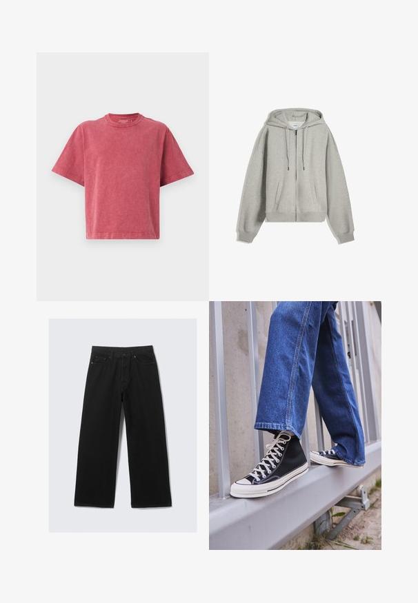 Šedá zipová mikina vyrobená z jemné kombinace bavlny. Obsahuje velkou kapuci, šňůrky a boční kapsy. Volný střih s žebrovanými manžetami.; Červené bavlněné tričko s kulatým výstřihem, krátkými rukávy a volným střihem. Má měkký, mírně strukturovaný povrch.; Černé kalhoty s širokými nohavicemi vyrobené z denimu, s klasickým designem pěti kapes a strukturovaným pasem s poutky na opasek.; Černé vysoké tenisky s bílou podrážkou a tkaničkami, v kombinaci s volnými modrými džíny, odpočívající na šedém zábradlí.