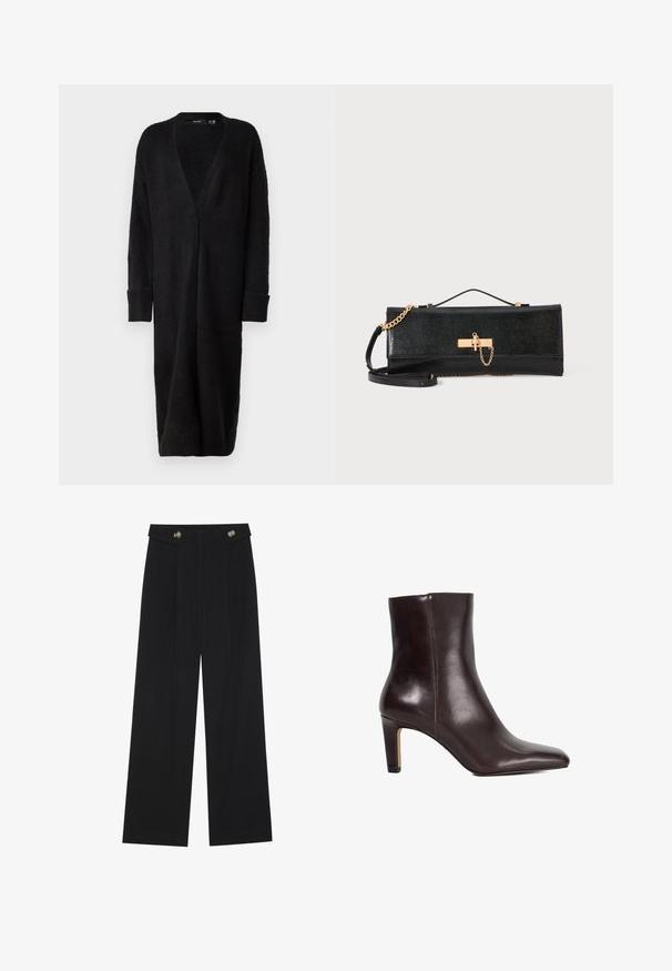 Vero Moda VMPHILLIS LONG OPEN - Cardigan - black; Set of two long-sleeve tops in white and black. Ribbed texture, round neck, fitted design with slightly flared sleeves.; Black wide-leg trousers with high waist, button details on waistband, and front pleats.; Dark brown leather ankle boot with pointed toe and mid-height block heel, smooth finish, no visible fasteners.; Black clutch bag with a textured finish, gold chain strap, and a clasp closure. Rectangular shape with a sleek, minimalistic design.