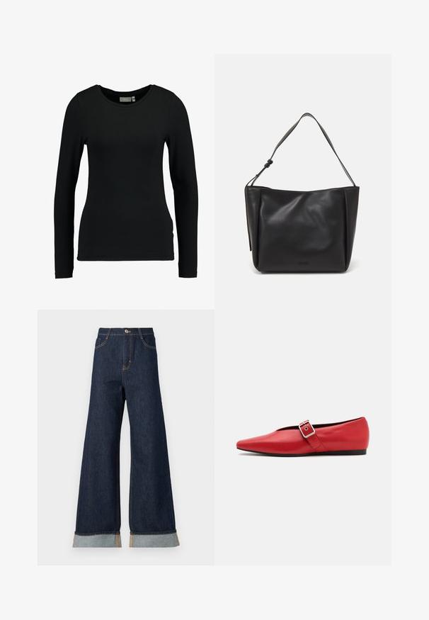 Vero Moda VMPHILLIS LONG OPEN - Cardigan - black; Black long-sleeve shirt made of soft cotton-blend fabric. Features a crew neckline and fitted silhouette with smooth texture. No patterns or accents.; Wide-leg dark denim jeans with orange stitching, featuring a high waist, two front pockets, and rolled cuffs showcasing a light blue contrast fabric.; Red leather flat shoe with a pointed toe, featuring a side strap with a metal buckle and a low black heel. Smooth texture throughout.; Calvin Klein GRACIE MEDIUM - Handbag - black