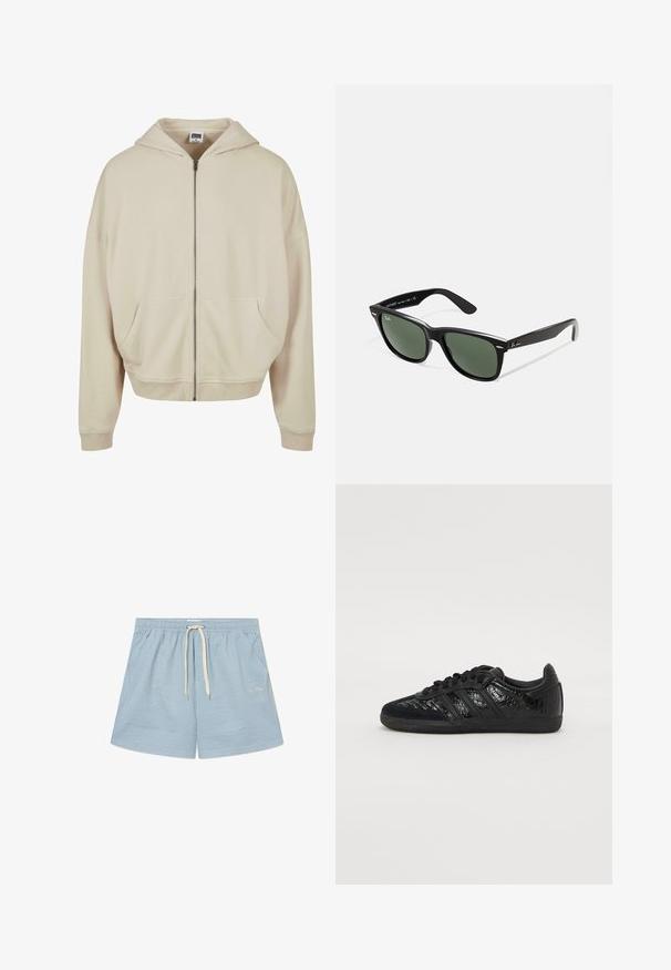 Beige Zip-Hoodie mit Kapuze, Fronttaschen, gerippten Bündchen und Saum. Hergestellt aus weichem Material mit glatter Textur.; Weißes Baumwoll-T-Shirt mit kurzen Ärmeln, rundem Ausschnitt und geradem Schnitt. Glatte Textur ohne sichtbare Muster oder Akzente.; Gestreifte blaue Badehose mit elastischem Bund und weißem Kordelzug. Merkmale sind ein leichtes Material und ein dezentes Logo in der unteren linken Ecke.; Schwarzer Sportschuh aus einer Kombination glatter synthetischer und strukturierter Materialien, mit drei schwarzen Streifen und einer Gummisohle.; Schwarze Plastiksonnenbrille mit grünen Gläsern, quadratischen Rahmen, silbernem Akzent auf der Augenbraue und strukturierten Bügeln. Angegebene Marke auf dem inneren Bügel.