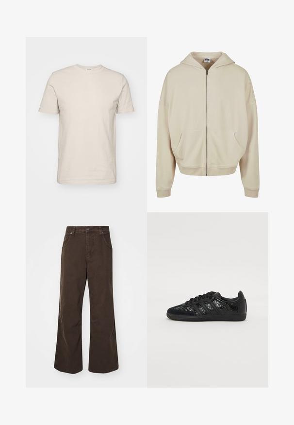 Šviesiai ruda zip-up sportinė striukė su gobtuvu, priekinėmis kišenėmis, gipiūriniais rankogaliais ir apačia. Pagaminta iš minkštos medžiagos su sklandžiu paviršiumi.; Šviesiai bežinė, trumpomis rankovėmis, apvaliu kaklu marškinėliai iš medvilnės. Charakterizuojasi lygiu paviršiumi, standartiniu dydžiu ir paprastu dizainu be raštų ar puošmenų.; Rudos platūs kelnių modeliai, pagaminti iš medvilnės, su aukštu juosmeniu, priekinėmis kišenėmis ir lygiu paviršiumi. Uždarymo detalės apima subtilų siūlų dekoravimą.; Juodas sportinis batelis, pagamintas iš lygaus sintetinės medžiagos ir tekstūruotų medžiagų, su trimis juodomis juostelėmis ir guminėmis padais.