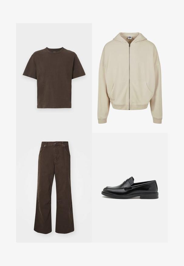 Beige Zip-Hoodie mit Kapuze, Fronttaschen, gerippten Bündchen und Saum. Hergestellt aus weichem Material mit glatter Textur.; Braunes Baumwoll-T-Shirt mit kurzen Ärmeln und rundem Ausschnitt. Glatte Textur, minimalistisches Design, keine Muster oder zusätzlichen Details.; Braune weit geschnittene Baumwollhose mit hoher Taille, vorderen Taschen und glatter Textur. Die Verarbeitung umfasst dezente Steppdetails.; Schwarze Lederloafer mit einer runden Zehenform, genähten Details über dem Vorderfuß und einer flachen Gummisohle für besseren Halt. Glatte Textur überall.