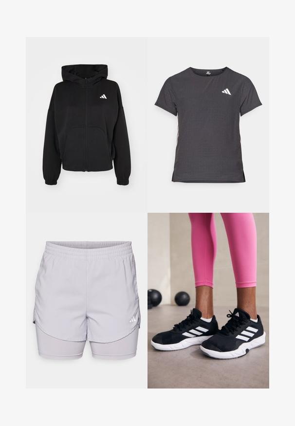 Hanorac negru cu fermoar, confecționat dintr-un material moale, având o mare buzunar frontal, mansete elastice și un logo alb pe partea stângă a pieptului.; Tricou athletic cu mânecă scurtă, gri închis, cu textură perforată. Prezentă un logo alb și dungi contrastante pe laterale. Guler rotunjit.; adidas Performance W MIN 2IN1 SHO - Pantaloni scurți sport - glory grey; Adidași negri cu dungi albe, suprafață din plasă texturată și talpă albă. Purtați cu colanți roz, evidențiind îmbrăcămintea sport.