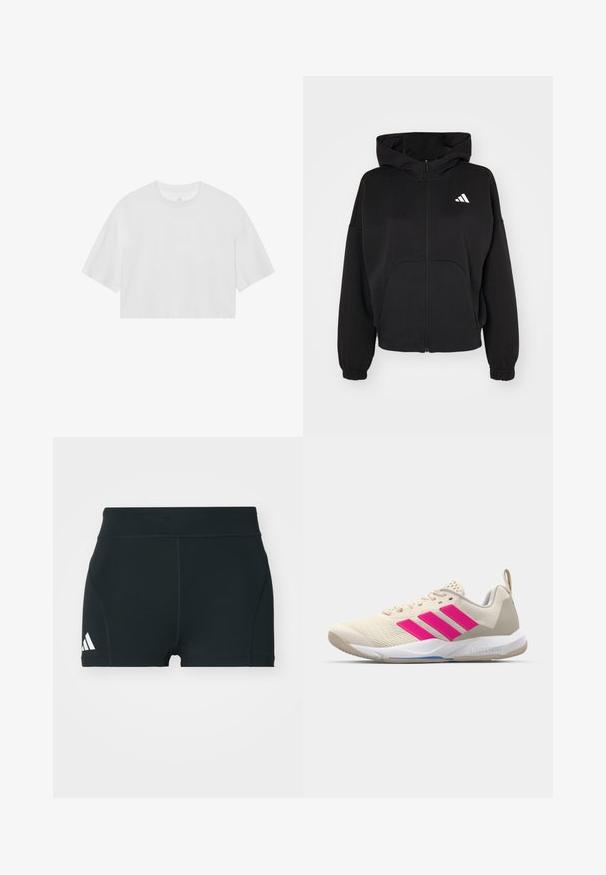 Svart zip-up hettegenser laget av myk stoff, med en stor frontlomme, elastiske cuffs, og en hvit logo på venstre bryst.; Hvit kort t-skjorte laget av myk bomull, med rund hals og korte ermer. Enkel design uten mønstre eller detaljer.; Svart trening shorts laget av elastisk stoff, med høy midje, tettsittende fasong, og hvit Adidas-logo på venstre side.; Beige atletik sko med rosa tre-stripes logo, teksturert mesh-overdel, polstret krage og hvit gummisåle, med "LIGHTSTRIKE" merke.