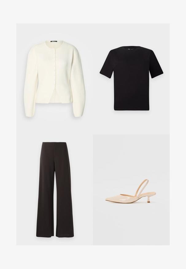 Hvit strikket cardigan med rund hals, lange ermer, knappestolpe foran og en lett løs passform. Myk tekstur, minimalistisk design.; Svart t-skjorte med korte ermer og rund hals, laget av mykt bomullsstoff. Enkelt design, ingen synlige logoer eller mønstre.; Sorte vide bukser laget av glatt, elastisk stoff. Har høy midje og et rent, minimalistisk design uten synlige lukkinger.; Beige patenterte lærremmer med spiss tå og slank, firkantet hæl. Glatt tekstur og minimalistisk design uten dekorasjoner.