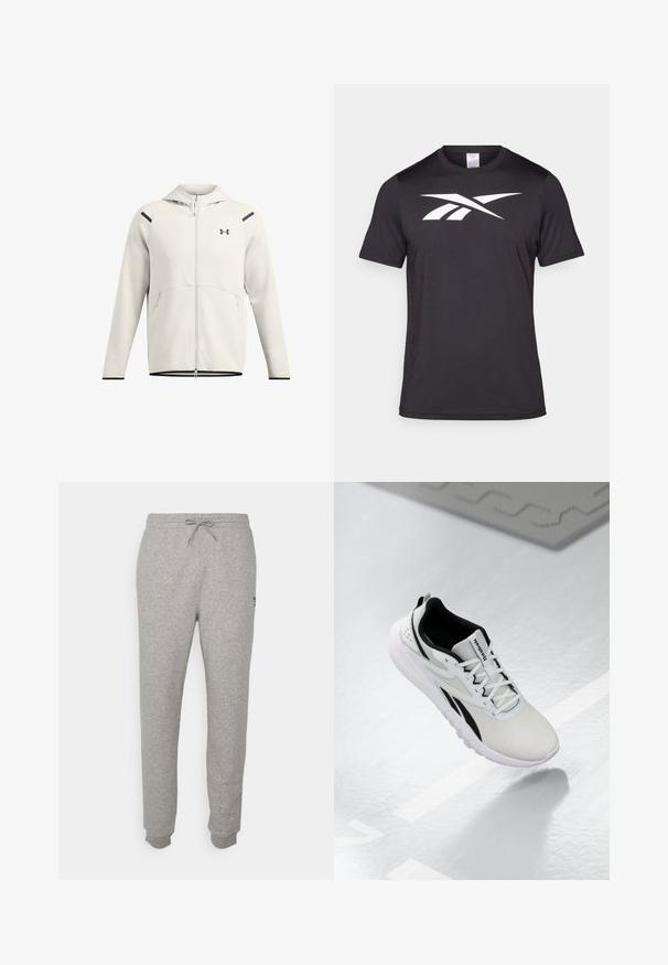 Šviesiai pilkas zip-up džemperis, pagamintas iš minkštos medžiagos, turintis gobtuvą, šonines kišenes ir juodus akcentus ant pečių bei apvado.; Juodas sportinis marškinėlis pagamintas iš lengvos medžiagos, su ryškiu baltu logotipu ant priekio. Trumpomis rankovėmis ir apvalia kaklo iškirpte.; Pilkos sportinės kelnės, pagamintos iš minkštos medžiagos, su raišteliu juosmenyje ir siaurėjančiomis kojomis, su raištinėmis apyrankėmis ir maža logotipo detale vienoje pusėje.; Šviesiai pilki sportiniai batai su juodais akcentais, tekstūruota tinklinė viršutinė dalis, paminkštintas padas ir raišteliais užsegamas užsegimas. Yra kulno traukimo kilpelė.
