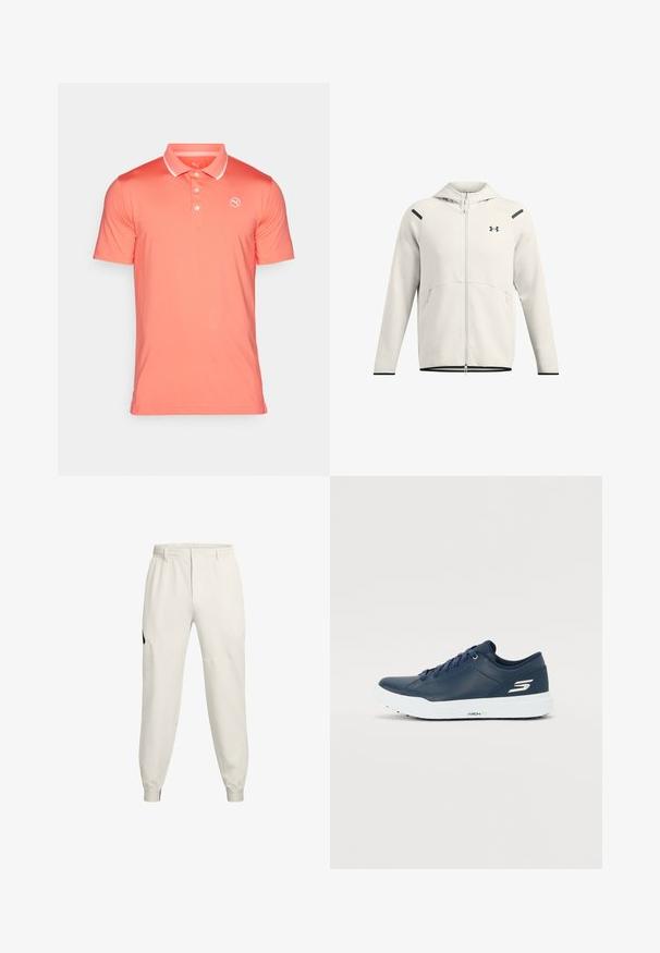 Svetlo siva zip-up kapuca iz mehkega materiala, z dvojno kapuco, stranskimi žepi in črnimi poudarki na ramalih in robovih.; Koralen polo majica s kratkimi rokavi z dvema gumboma in belimi detajli na ovratniku. Ima majhen logotip na levem prsnem delu. Gladka tekstura.; Lahki bež jogger hlače z elastičnim pasom, stranskimi žepi in rebrastimi manšetami; imajo črn logotip na levi boki.; Temno modre superge z gladkim sintetičnim zgornjim delom, oblazinjenim ovratnikom in belo podlago. Imajo logo na strani in ravne vezalke za varen oprijem.