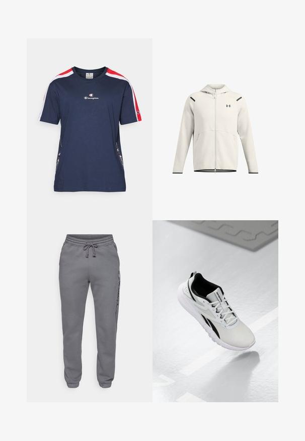 Sudadera con cremallera de color gris claro, hecha de una tela suave, que cuenta con capucha, bolsillos laterales y detalles en negro en los hombros y el dobladillo.; Champion RETRO SPORT CREWNECK SMALL LOGO - Camiseta estampada - dark blue; Champion ICONS TONAL CUFF LARGE LOGO - Pantalones deportivos - foggy; Zapato deportivo gris claro con acentos negros, parte superior de malla texturizada, suela acolchada y cierre de cordones. Incluye una tira de tirón en el talón.