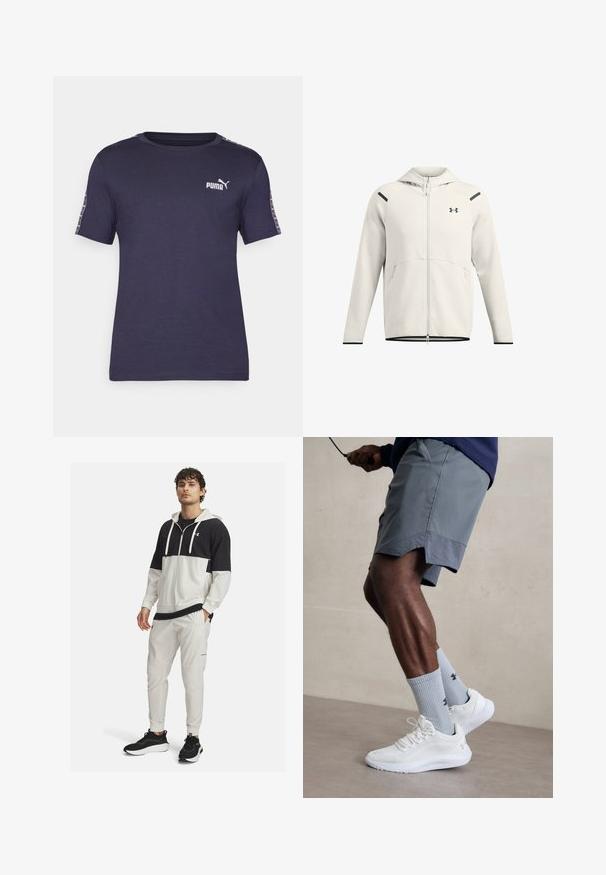 Vaaleanharmaa vetoketjullinen huppari pehmeästä kankaasta, jossa on huppu, sivutaskut ja mustat yksityiskohdat olkapäillä ja helmassa.; T-paita tummansinisestä sileästä kankaasta, jossa on pyöreä kaula-aukko, lyhyet hihat ja valkoinen Puma-logo rintamuksessa sekä kuviolliset yksityiskohdat hihoissa.; Huppari urheilujakusta mustana ja valkoisena, jota koristaa vetoketjukiinnitys; yhdistettynä valkoisiin verryttelyhousuihin, joissa on taskut ja joustavat hihnat; mustat lenkkarit.; Valkoiset urheilukengät, joissa on karkea verkkomateriaali, yhdessä vaaleansinisten ribattujen sukkien kanssa, joissa on logo. Harmaat urheiluhousut, joissa on rei'itetty reunus.