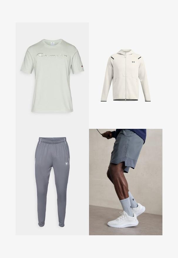 Vaaleanharmaa vetoketjullinen huppari pehmeästä kankaasta, jossa on huppu, sivutaskut ja mustat yksityiskohdat olkapäillä ja helmassa.; Minta vihreä T-paita pehmeästä puuvillasta, jossa on hieman tummemmalla sävyllä brodeerattu "Champion"-logo, lyhyet hihat ja pyöreä pääntie.; Harmaat urheiluhousut, joissa on joustava vyötärö, sivutaskut ja valkoiset yksityiskohdat. Valmistettu sileästä, kevyestä materiaalista.; Valkoiset urheilukengät, joissa on karkea verkkomateriaali, yhdessä vaaleansinisten ribattujen sukkien kanssa, joissa on logo. Harmaat urheiluhousut, joissa on rei'itetty reunus.