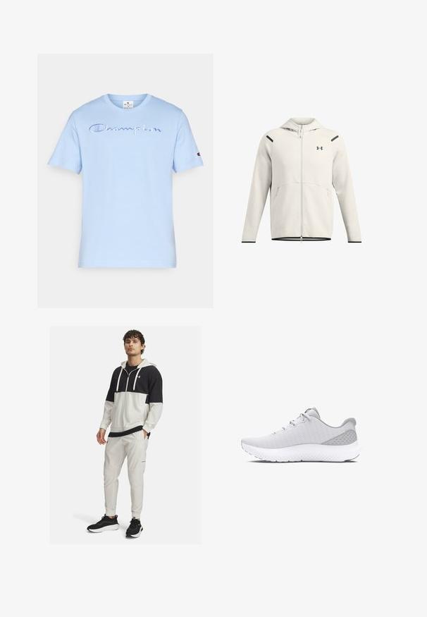 Sudadera con cremallera de color gris claro, hecha de una tela suave, que cuenta con capucha, bolsillos laterales y detalles en negro en los hombros y el dobladillo.; Camiseta de algodón azul claro con mangas cortas. Presenta el logo bordado "Champion" en el frente y un parche con el logo en la manga izquierda.; Chaqueta deportiva con capucha en blanco y negro con cierre de cremallera; combinada con pantalones joggers blancos con bolsillos y puños elásticos; zapatillas negras.; Zapatilla deportiva gris claro con una parte superior de malla texturizada, puntera redondeada, entresuela blanca acolchada y un diseño minimalista con acentos en patrones.