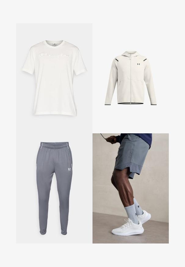 Gaišpelēka ar rāvējslēdzēju aizdara džemperis, izgatavots no mīkstas auduma, ar kapuci, sānu kabatām un melniem akcentiem uz pleciem un apmalēm.; Balta kokvilnas T-krekls ar īsām piedurknēm, rotāts ar reljefu "Champion" logo uz krūtīm, noapaļota kakla izgriezuma un taisna apakša.; Pelēki sporta bikses ar elastīgu jostu, sānu kabatām un baltām akcents. Izgatavotas no gludas, vieglas materiāla.; Baltas sporta apavu pāris ar strukturētu acs virsu, apvienots ar gaiši zilo riboto zeķu pāri, kurā ir zīmols. Pelēki sporta šorti ar perforētu apdari.