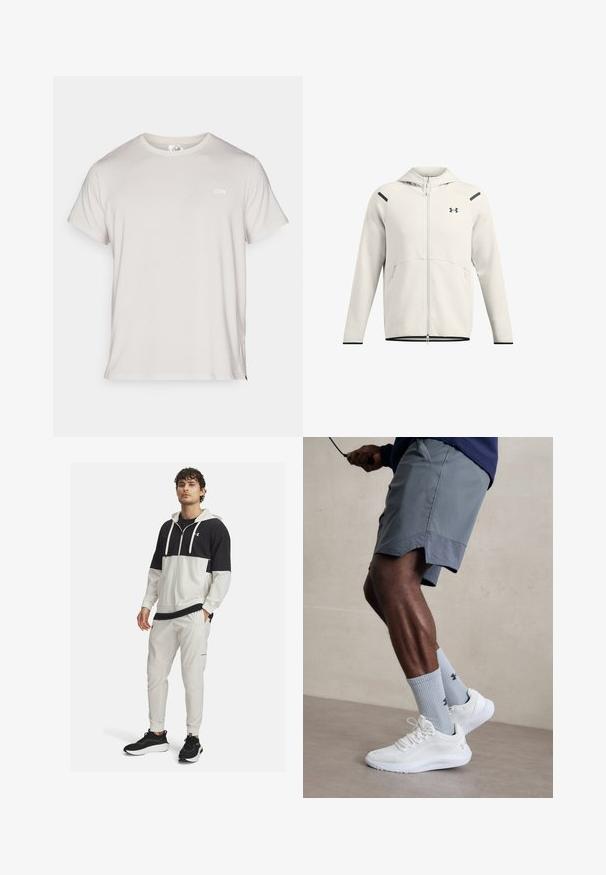 Svetlo siva zip-up kapuca iz mehkega materiala, z dvojno kapuco, stranskimi žepi in črnimi poudarki na ramalih in robovih.; Svetlo siva majica, kratki rukavi, okrugli izrez, teksturirana tkanina sa malim uzorcima, sa belim brend logotipom na grudima.; Kapuca športna jakna v črni in beli barvi z zadrgo; v kombinaciji z belimi trenirka hlačami z žepi in elastičnimi manšetami; črne športne copate.; Bela športna obutev z zgornjim delom iz teksturirane mreže, kombinirana z svetlo modrimi rebrastimi nogavicami z logotipom. Sivi športni šortsi s perforiranim robom.