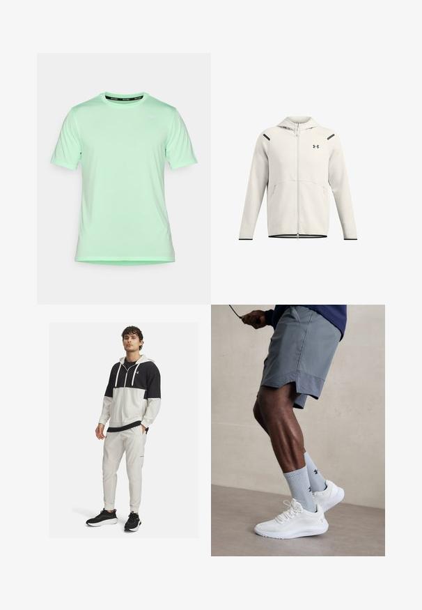 Vaaleanharmaa vetoketjullinen huppari pehmeästä kankaasta, jossa on huppu, sivutaskut ja mustat yksityiskohdat olkapäillä ja helmassa.; Vaaleanvihreä lyhythihainen T-paita, joka on valmistettu pehmeästä materiaalista. Ominaisuuksiin kuuluu pyöreä kaula-aukko ja huomaamaton logo etupuolella. Sujuva tekstuuri, normaali istuvuus.; Huppari urheilujakusta mustana ja valkoisena, jota koristaa vetoketjukiinnitys; yhdistettynä valkoisiin verryttelyhousuihin, joissa on taskut ja joustavat hihnat; mustat lenkkarit.; Valkoiset urheilukengät, joissa on karkea verkkomateriaali, yhdessä vaaleansinisten ribattujen sukkien kanssa, joissa on logo. Harmaat urheiluhousut, joissa on rei'itetty reunus.