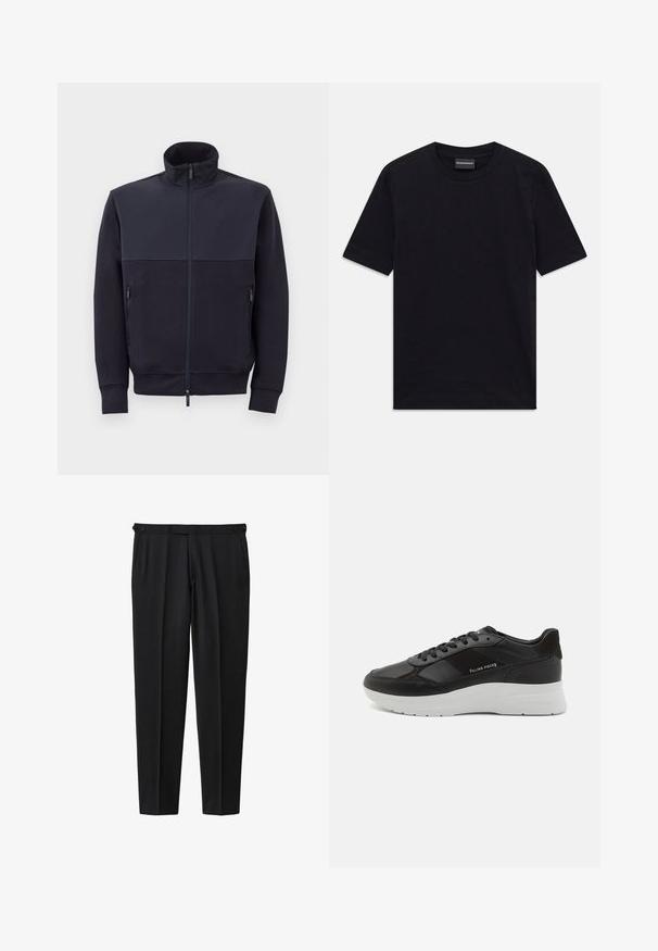Námořnická zipová bunda s vysokým límcem, vyrobená z měkkého materiálu, s jednobarevným horním panelem a dvěma bočními zipovými kapsami.; Černé tričko s krátkým rukávem a kulatým výstřihem s jemným raženým vzorem a štítkem značky uvnitř límce, položené na bílém pozadí.; Černé kalhoty vyrobené z hladké látky, s rovnou nohavicí, dvěma knoflíky v pase a dvěma bočními kapsami.; Černé kožené tenisky se semišovými akcenty, kulatou špičkou, bílou gumovou podešví a prošívanými detaily. Logo potištěné na boku. Klasický design na šněrování.