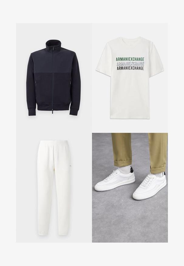 Chaqueta navy con cremallera y cuello alto, hecha de material suave, que presenta un panel superior liso y dos bolsillos laterales con cremallera.; Camiseta blanca de algodón con el texto repetido "ARMANIEXCHANGE" en verde, azul y negro. Manga corta y un clásico escote de cuello redondo.; Pantalones de chándal blancos hechos de una tela suave, con una cinturilla elástica, piernas ajustadas y un pequeño logo en el lado izquierdo.; Zapatillas blancas con un acabado de cuero texturizado, punta redondeada y acento negro en el talón. Suela de goma con un pequeño patrón de relieve y detalle de costura.