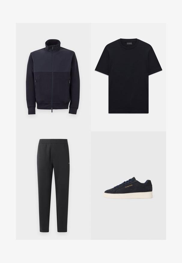 Tummansininen vetoketjullinen takki, jossa on korkea kaulus, valmistettu pehmeästä materiaalista, jossa on kiinteä yläpaneeli ja kaksi sivuvetoketjullista taskua.; Mustassa lyhythihaisessa crew neck -t-paidassa on hienovaraisesti kohokuvioitu logomuotoilu rinnassa ja merkkilappu kauluksessa.; Mustat verkkarit, jotka on valmistettu pehmeästä kankaasta. Niissä on joustava vyötärö, suorat lahkeet ja pieni logo-yksityiskohta sivulla.; Navy sinivuori matalavartiset tennarit valkoisella pohjalla, laivastonsiniset nauhat ja "Filling Pieces" -logo kullassa sivussa.