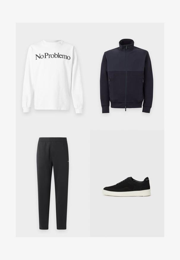 Navy zip-up jacket with a high collar, made from soft material, featuring a solid upper panel and two side zip pockets.; White long-sleeve t-shirt made of cotton with black text "No Problemo" printed across the chest. Simple design with crew neck and ribbed cuffs.; Black jogger pants made of soft fabric, featuring an elastic waistband, straight legs, and a single small logo detail on the side.; Black suede sneaker with lace-up design and contrasting white rubber sole. Features textured side panels and subtle branding on the heel.