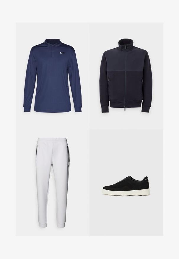 Marinblå zip-up jacka med hög krage, tillverkad av mjukt material, med en enfärgad överdel och två sidofickor med dragkedja.; Långärmad marinblå polo skjorta i lätt tyg, med upphöjd krage, knappslå och en vit Nike-logotyp på vänster bröst.; Vita sweatpants med elastiskt midjeband, två sidofickor, svarta dragkedjedetaljer och ribbade fållar vid anklarna. Slät textur.; Svarta mockaskor med snörningsdesign och kontrasterande vita gummisulor. Har texturerade sidopaneler och diskret branding på hälen.