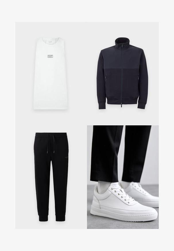 Navy zip-up jacket with a high collar, made from soft material, featuring a solid upper panel and two side zip pockets.; White sleeveless athletic top with crew neck, centered EA7 Emporio Armani logo on chest against a plain background.; Black jogger pants made of cotton blend, featuring an elastic waistband with drawstring, cuffed ankles, and a subtle logo print on the side.; White leather sneakers with a flat rubber sole, featuring a smooth finish, round toe, and metal eyelets for laces. Worn with black pants.