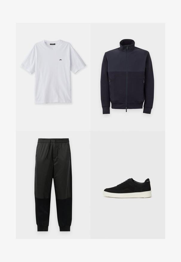 Tamsiai mėlynas užtrauktuku užsegamas džemperis su aukštu apykakle, pagamintas iš minkštos medžiagos, turintis vientisą viršutinį skyrių ir du šoninius užtrauktukų kišenes.; Balta medvilnės marškinėliai su apykakle ir trumpomis rankovėmis, ant krūtinės yra mažas juodas logotipas. Lygus tekstūra ir laisvas siluetas.; Juodos sportinės kelnės, pagamintos iš sklandžių ir tekstūruotų audinių, su elastinga juosmens juosta ir raišteliu, bei siaurėjančiomis rankovėmis.; Juodos veliūrinės sportinės bateliai su raištelių dizainu ir kontrastinga balta gumine padais. Yra tekstūruoti šoniniai skydeliai ir subtilus logotipas ant kulno.