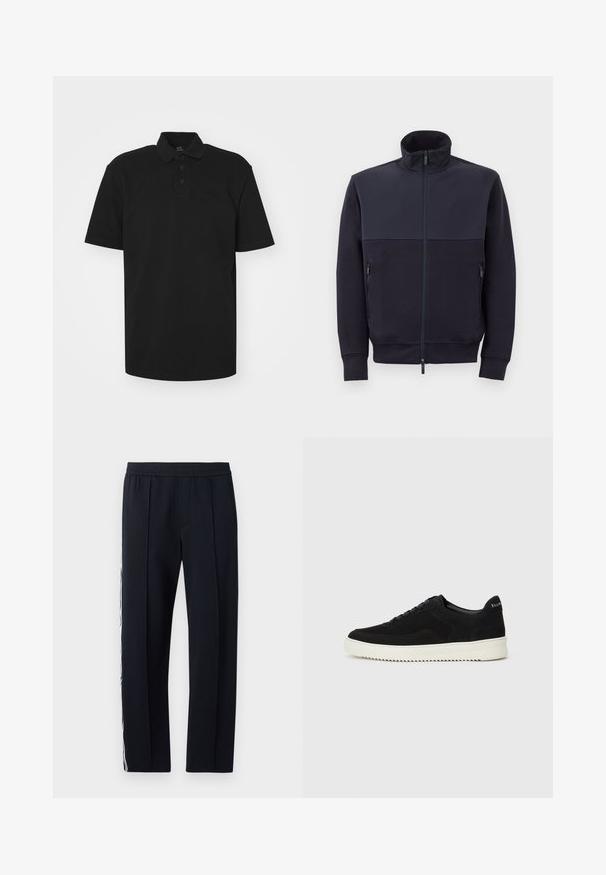 Marineblå zip-op jakke med høj krave, lavet af blødt materiale, med et ensfarvet øverste panel og to sidelommer med lynlås.; Svart polo skjorte laget av bomull, med krage, korte ermer og en subtil logo på brystet. Klassisk passform.; Svart, tettsittende bukser med elastisk linning, med to sidelommer og med en hvit stripe som går ned langs ytterbeinet. Glatt tekstur.; Svart semsket sneakers med snøring og kontrasterende hvit gummisåle. Har teksturerte sidepaneler og subtil merkevare på hælen.