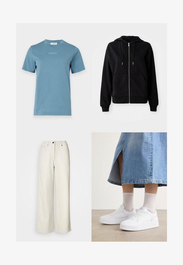 Zwarte zip-up hoodie gemaakt van zacht materiaal. Voorzien van een voorzak, een verstelbare capuchon met koord en een geborduurd logo op de borst.; Katoenen t-shirt met ronde hals in lichtblauw, met een gestructureerd "LACOSTE" logo op de voorkant. Korte mouwen en een standaard pasvorm.; Crème wijde benen broek van gladde stof. Heeft een mid-rise taille, ritssluiting en twee voorzakken met zwarte hardware accenten.; Witte sneakers van textiel leer, met een platformzool, ronde neus en vetersluiting; gecombineerd met lichtgrijze crew-sokken en een spijkerrok.