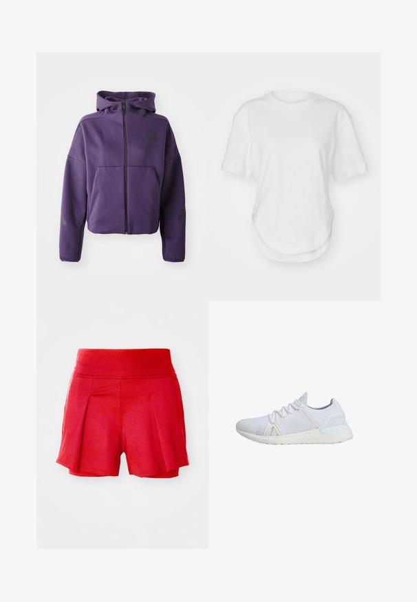 Purple zip-up hoodie with a high collar, featuring front pockets and black diagonal accents on sleeves and sides. Soft, textured fabric.; White cotton t-shirt featuring a round neckline, short sleeves, and a curved hem. Smooth texture with no patterns or accents.; Red shorts with a stretchy waistband, featuring pleats at the front and a smooth texture. Short length with a relaxed fit throughout.; White athletic shoe with a knit upper, textured lateral panels, and a cushioned white sole. Features laces and a reinforced toe cap.