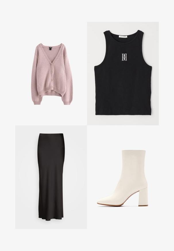 Jasnoróżowy sweter z dzianiny z dekoltem w kształcie V, z czterema guzikami z przodu oraz prążkowanymi mankietami i dolnym brzegiem. Miękka tekstura i luźny krój.; Czarny ribbed top na ramiączkach z okrągłym dekoltem i haftowanym logo w białym kolorze. Materiał ma gładką teksturę i dopasowany krój.; Czarna, sięgająca podłogi satynowa spódnica o gładkiej fakturze, dopasowana w talii i w kształcie litery A, bez widocznych zdobień lub wzorów.; Białe botki za kostkę z ostrym noskiem, gładką skórzaną powierzchnią i masywnym obcasem. Minimalistyczny design z elegancką sylwetką.