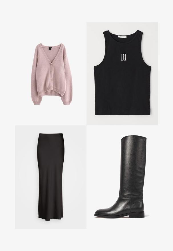 Gilet en tricot rose pâle avec un col en V, quatre boutons sur le devant, et un ourlet et des poignets côtelés. Texture douce avec une coupe décontractée.; Débardeur noir côtelé avec un col rond et un logo brodé en blanc. Le tissu a une texture lisse avec une coupe ajustée.; Jupe en satin noire, longue jusqu'au sol, avec une texture lisse, une taille ajustée et une silhouette en A, sans ornements ni motifs visibles.; Botte en cuir noir à hauteur de genou avec une finition texturée, bout rond, tige lisse et un petit talon empilé. Design minimaliste, sans quincaillerie visible.