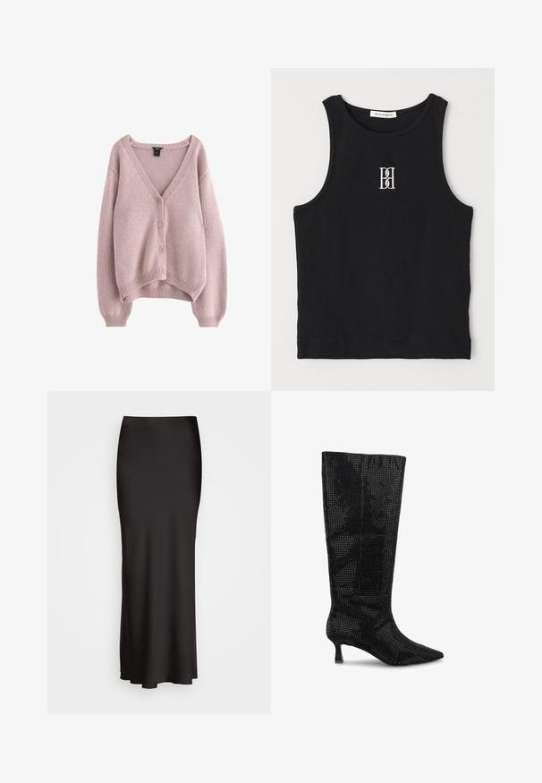 Jasnoróżowy sweter z dzianiny z dekoltem w kształcie V, z czterema guzikami z przodu oraz prążkowanymi mankietami i dolnym brzegiem. Miękka tekstura i luźny krój.; Czarny prążkowany top na ramiączkach z okrągłym dekoltem i białym haftowanym logo. Posiada dopasowany krój i czyste, proste wykończenie dolnej krawędzi.; Czarna, sięgająca podłogi satynowa spódnica o gładkiej fakturze, dopasowana w talii i w kształcie litery A, bez widocznych zdobień lub wzorów.; Czarne kozaki do kolan z plecionym siateczkowym wzorem, spiczastym czubkiem i małym, blokowym obcasem. Posiadają teksturowaną powierzchnię i lekką konstrukcję.