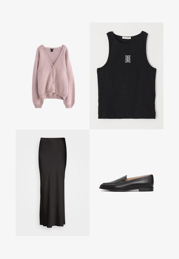 Cardigan tricotat roz deschis cu decolteu în V, patru nasturi pe față și margini și manșete ribbate. Textură moale cu o croială lejeră.; Top de tip tank black cu farfurie rotundă, având un logo brodat alb. Materialul are o textură netedă și o formă ajustată.; Fustă lungă, din satin negru, cu o textură netedă, talie ajustată și siluetă în A, fără broderii sau modele vizibile.; Mocasini din piele neagră, cu toc jos, textură netedă, vârf ascuțit și design minimalist. Fără accesorii sau ornamentații vizibile.