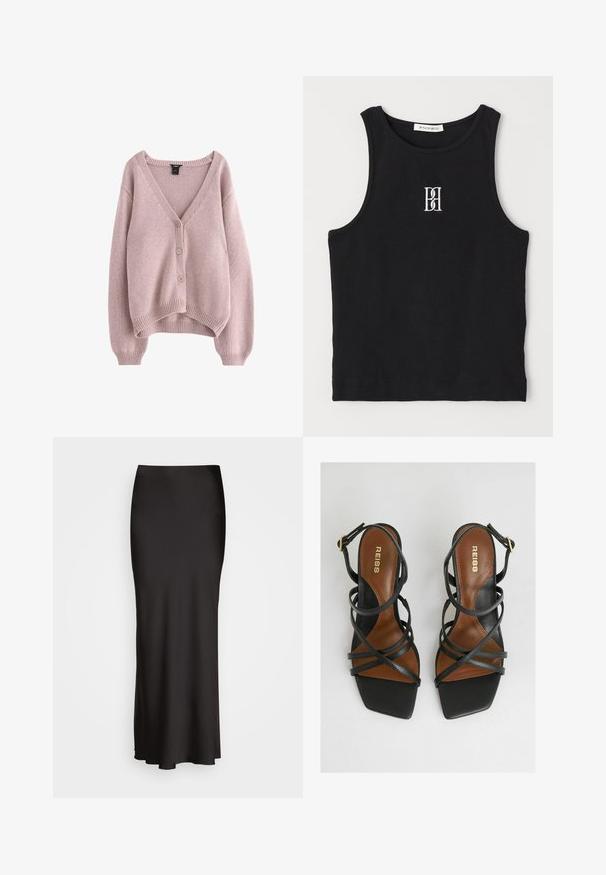 Vaaleanpunainen neulottu neuletakki, jossa on V-mallinen kaula-aukko, neljä nappia edessä sekä ribbireunat hihansuissa ja helmassa. Pehmeä materiaali ja rento istuvuus.; Musta ribbineuloksinen hihaton pusero pyöreällä pääntiellä ja valkoisella kirjotulla logolla. Leikkaus on vartalonmyötäinen ja helma suora ja siisti.; Mustat, lattiaan ulottuvat satiinihameet, joissa on sileä tekstuuri, istuva vyötärö ja A-linjainen siluetti, ilman näkyviä koristeluja tai kuvioita.; Mustat korot sandaalit, joissa on useita kapeita hihnoja, neliömäinen kärki, ruskeat pohjat ja kultainen solki nilkkahihnassa.