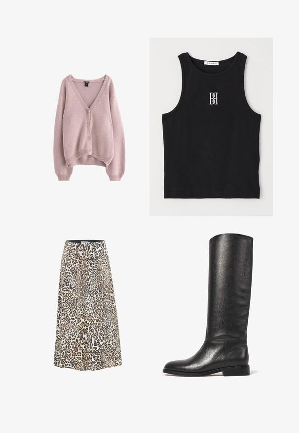 Lyserød strikket cardigan med V-hals, fire knapper foran og ribbet bund og ærmer. Blød tekstur med en afslappet pasform.; Sort ribbet tanktop med rund hals og hvidt broderet logo. Stoffet har en glat tekstur med en tætsiddende form.; Løveprint nederdel med en flagrende design, i nuancer af tan, sort og creme. Lavet af blødt, let materialebl med en talje. ; Knæhøj sort læderstøvle med tekstureret overflade, rund tå, glat skaft og lav stablet hæl. Minimalistisk design uden synligt hardware.