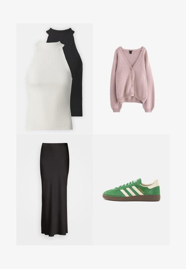 Šviesiai rožinė megzta kardiganas su V formos iškirpte, keturi mygtukai priekyje ir banguotu kraštu bei rankogaliais. Minkšta tekstūra, laisvo silueto.; Juodos ir baltos juostuotos halter tipo viršūnės. Turi aukštas apykakles ir prigludusius siluetus. Lygus audinys su kontrastingomis spalvomis ir minimaliais akcentais.; Juodas, grindų ilgio satino sijonas su lygiu paviršiumi, prigludusia juosmens juosta ir A formos siluetu, neturintis matomų dekoracijų ar raštų.; Žali suediniai sportbačiai su baltais trimis juostelėmis, grietinėlės spalvos akcentais ir rudo tekstūruoto pado. „SPEZIAL“ išsiuvinėta auksine spalva šone.