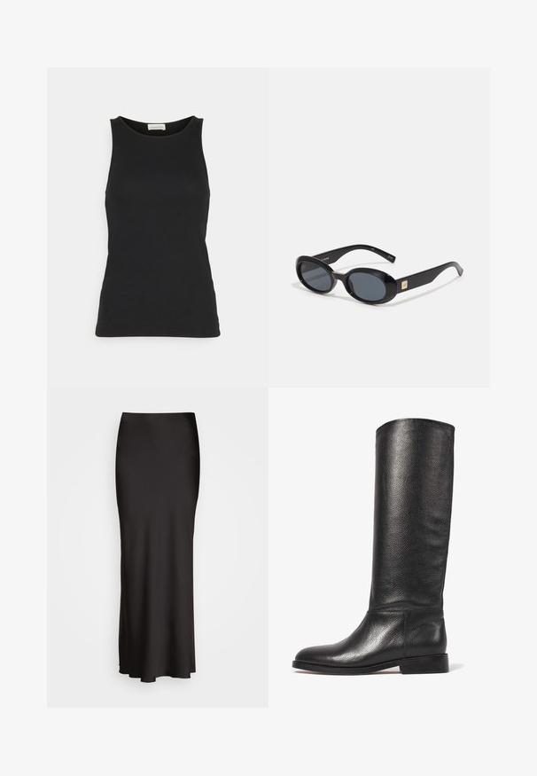 Világos rózsaszín kötött kardigán V-nyakkal, négy gombbal az elején, bordás hem és mandzsetta. Puha textúra és laza fazon.; Fekete, ujjatlan felső sima, könnyű anyagból készült. Kerek nyakkivágással és testhez álló szabással rendelkezik, minimális varrási részletekkel.; Fekete, padlóig érő selymes hatású szoknya, sima textúrával, testhez simuló derékkal és A-vonalú sziluettel, látható díszítések vagy minták nélkül.; Térd feletti fekete bőr csizma textúrázott felülettel, lekerekített orral, sima szárával és alacsony, rétegelt sarkával. Minimális dizájn, látható fémalkatrészek nélkül.; Fekete, ovális napszemüveg sötét lencsékkel, fényes műanyag kerettel, széles szárakkal és egy apró arany díszítéssel az egyik oldalon.
